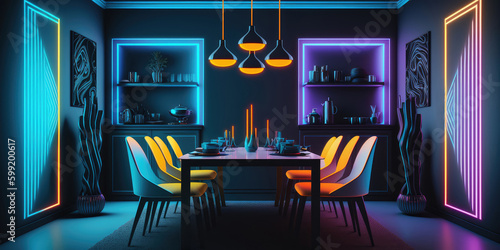 Modern 80s retro neon futuristic interior of dining room with table and chairs. Colorful neon design trend. Generative AI image.