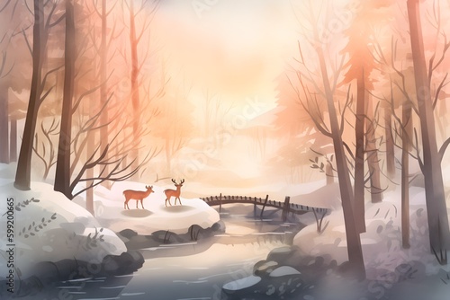 A medium shot of a clearing in a snowy forest  with a small stream and a bridge. AI-Generated image