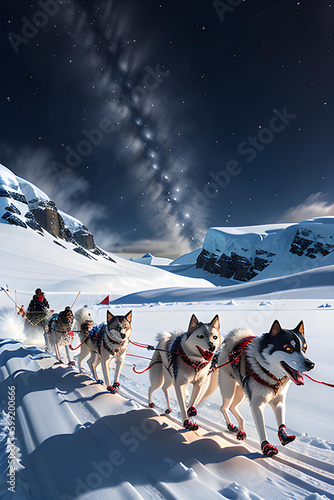 Illustration of dog sleigh in arctic nature.