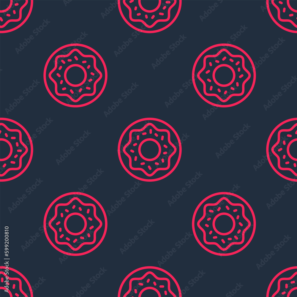 Red line Donut with sweet glaze icon isolated seamless pattern on black background. Vector Red line Donut with sweet glaze icon isolated seamless pattern on black background. Vector