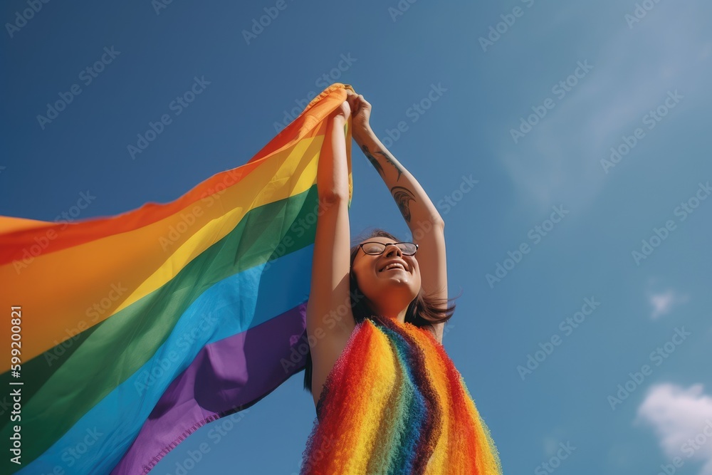 queer person holding rainbow flag LGBT pride or gay pride. Lesbian, gay, bisexual, and transgender (LGBT) people proud of their sexual orientation and gender identity. Created with generative AI