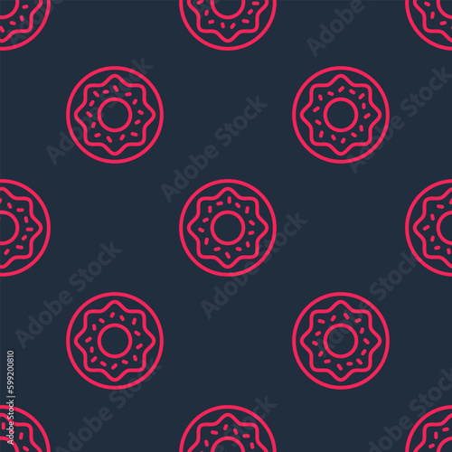 Red line Donut with sweet glaze icon isolated seamless pattern on black background. Vector