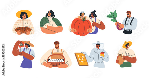 Farmers characters set. Agriculture workers holding farm food products, local vegetables, eggs, harvest, organic crops, animal, honey in hand. Flat vector illustrations isolated on white background