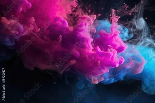 Glitter mist. Color vapor texture. Ink water mix. Fantasy sky. Neon pink blue shiny sparkling particles smoke floating on dark abstract art background with free space © Kateryna