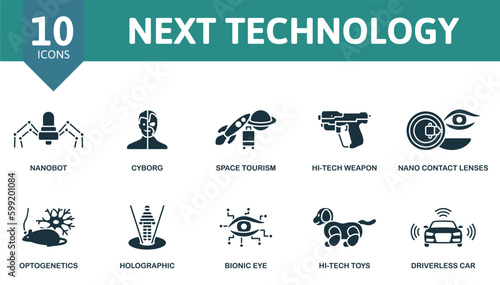 Next technology outline set. Creative icons: nanobot, cyborg, space tourism, hi-tech weapon, nano contact lenses, optogenetics, holographic, bionic eye, hi-tech toys, driverless car.