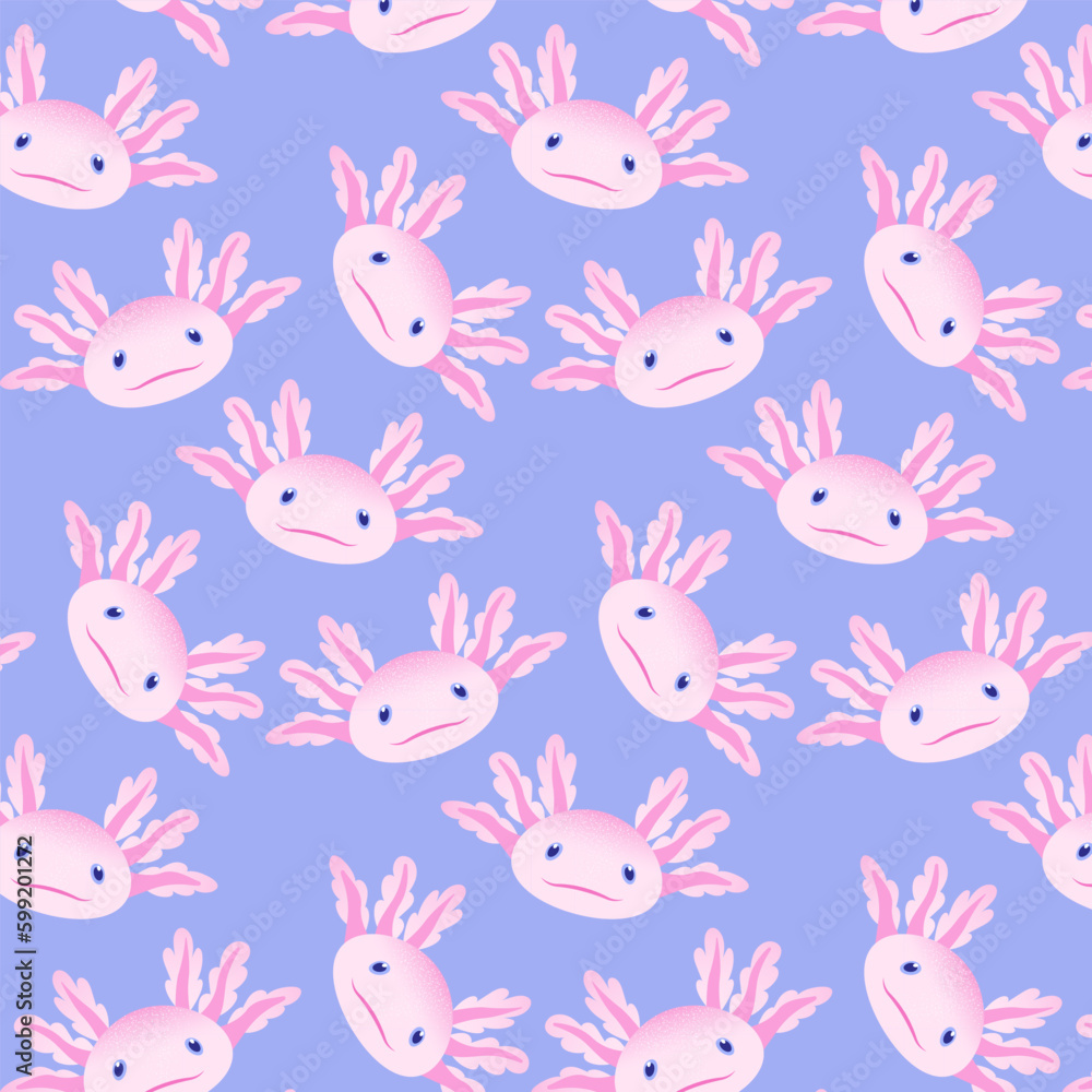 vector bright background for wrapping paper with pattern of cute faces of an axolotl, pink smiling cartoon animal heads amphibian alien for kids vector bright background for wrapping paper with pattern of cute faces of an axolotl, pink smiling cartoon animal heads amphibian alien for kids