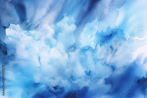 Abstract Watercolor shades blurry and defocused Cloudy Blue Sky Background, texture background, blue watercolor ombre leaks. Generative Ai