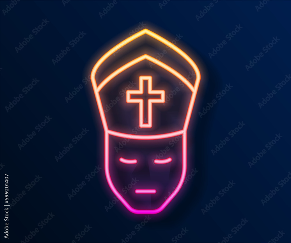 Obraz premium Glowing neon line Pope icon isolated on black background. Pope hat. Holy father. Vector