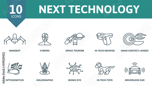 Next technology outline set. Creative icons: nanobot, cyborg, space tourism, hi-tech weapon, nano contact lenses, optogenetics, holographic, bionic eye, hi-tech toys, driverless car.