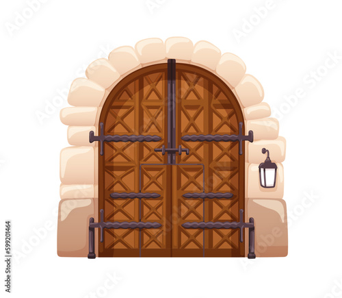 Medieval castle double door in vintage style. Old ancient wooden entrance to palace. Closed locked entry, arched portal to historic fortress. Flat vector illustration isolated on white background