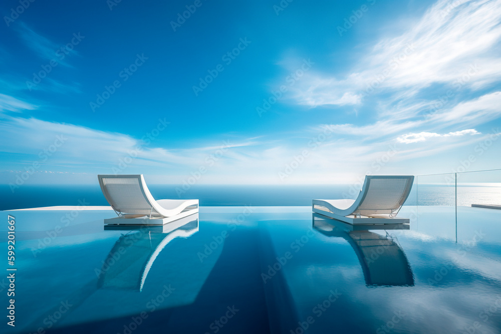 Fototapeta premium Infinity pool with chairs With a view of the sea blue clear sunny sky. Generative ai edited