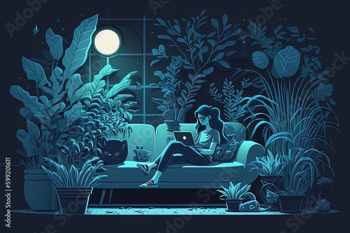 Woman sitting with laptop on bean bag chair, night illustration, Concept illustration for working, studying, education, work from home. Flat. Vector illustration, Generative Ai