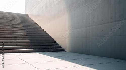 Abstract empty, modern concrete exterior wall with staircase and sunlight - industrial background template concept. Generative ai