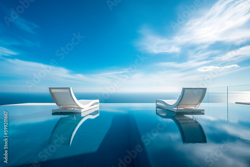 Infinity pool with chairs With a view of the sea blue clear sunny sky. Generative ai edited © Jezper