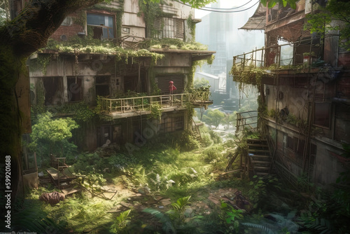 Concept art illustration of abandoned postapocalyptic city overgrown with lush vegetation, an abandoned city overgrown with greenery, created by a neural network, Generative AI 
