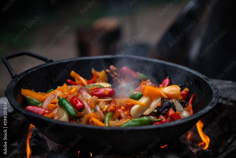 Thai Wok Recipe with Vegetables. Thai wok recipe with vegetables being cooked on an open fire, representing the delicious flavors of Asian cuisine. Ai generated