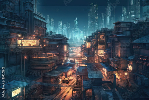 Concept art illustration of Gotham city at night, dystopian gotham city, hyperrealistic, cinematic lighting, Generative AI