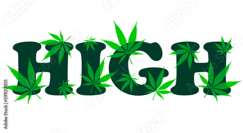 vector decorative green lettering high with cannabis leaves pattern, marijuana, logo for weed lovers