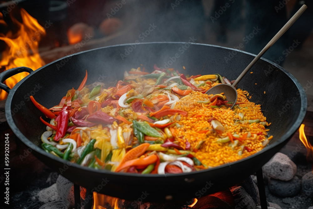 Thai Wok Recipe with Vegetables. Thai wok recipe with vegetables being cooked on an open fire, representing the delicious flavors of Asian cuisine. Ai generated Thai Wok Recipe with Vegetables. Thai wok recipe with vegetables being cooked on an open fire, representing the delicious flavors of Asian cuisine. Ai generated