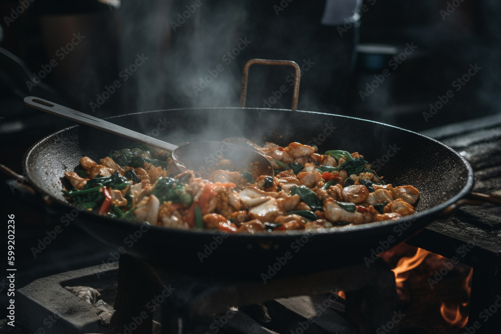 Thai Wok Recipe with Vegetables. Thai wok recipe with vegetables being cooked on an open fire, representing the delicious flavors of Asian cuisine. Ai generated Thai Wok Recipe with Vegetables. Thai wok recipe with vegetables being cooked on an open fire, representing the delicious flavors of Asian cuisine. Ai generated