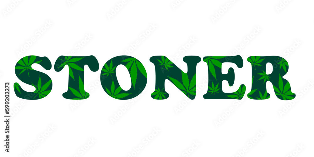 vector decorative green lettering stoner with cannabis leaves pattern, marijuana, logo for weed lovers vector decorative green lettering stoner with cannabis leaves pattern, marijuana, logo for weed lovers