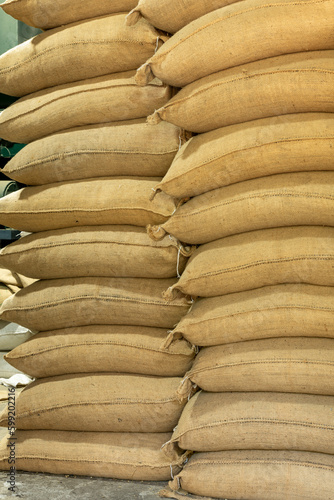 Pile of bags with coffee beans, Panama - stock photo