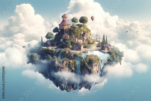 fantasy landscape with floating island in the sky, fantasy floating island, flying island in the clouds, dreamy imaginary awe and wonder. Generative Ai