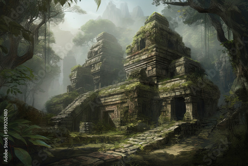 El Dorado, ancient temple, lost civilization, fantasy landscape, Preah Khan, City of Temples, Ancient,abandoned temple of Angkor Wat, Cambodia, Generative Ai photo