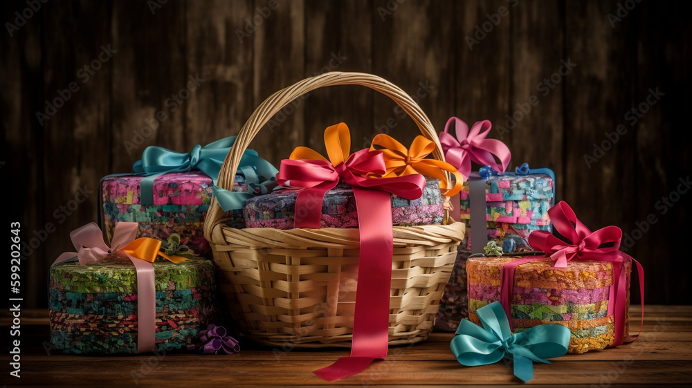 A delightful Mother's Day gift basket with an array of colorful presents, adorned with vibrant ribbons and wrapping paper, displayed on a wooden table. generative ai.
