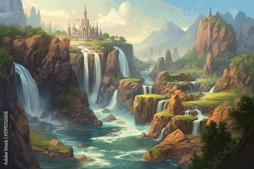 Illustration of beautiful fantasy river landscape Generative Ai © HayyanGFX
