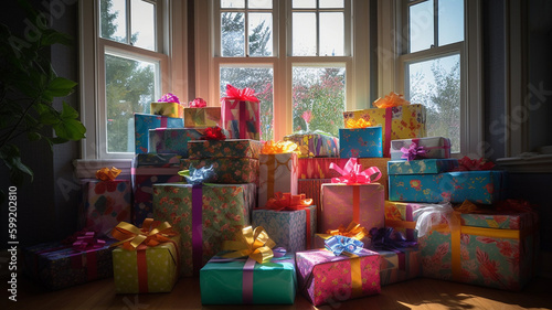 A vibrant and colorful display of various presents stacked high  with colorful wrapping paper and ribbons. generative ai.