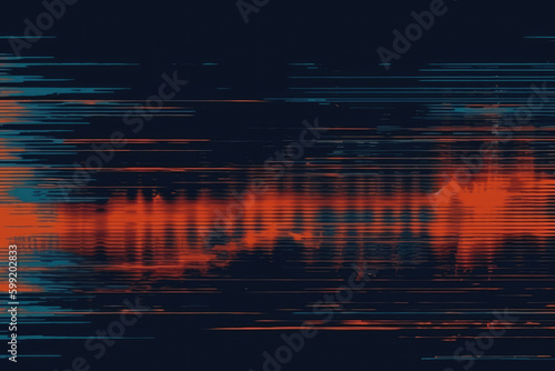 Glitch overlay. Analog distortion. Noise texture. Blue orange red color vibration artifacts dust scratches on dark illustration abstract banner