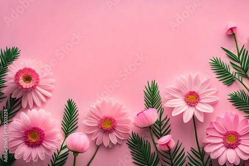 Top view image of  pink flowers composition over pastel background Generative Ai