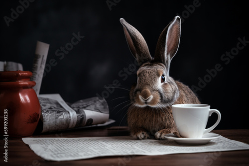 a rabbit being a detective and drinking coffee | Generative Ai