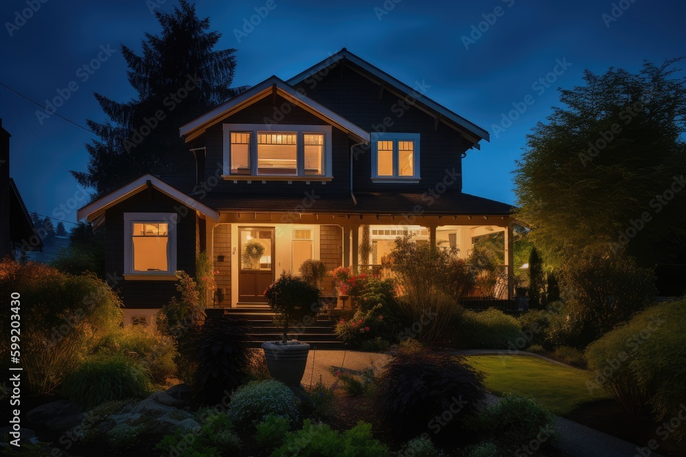 Naklejka premium Luxurious real estate evening time with light from windows. Generative ai.