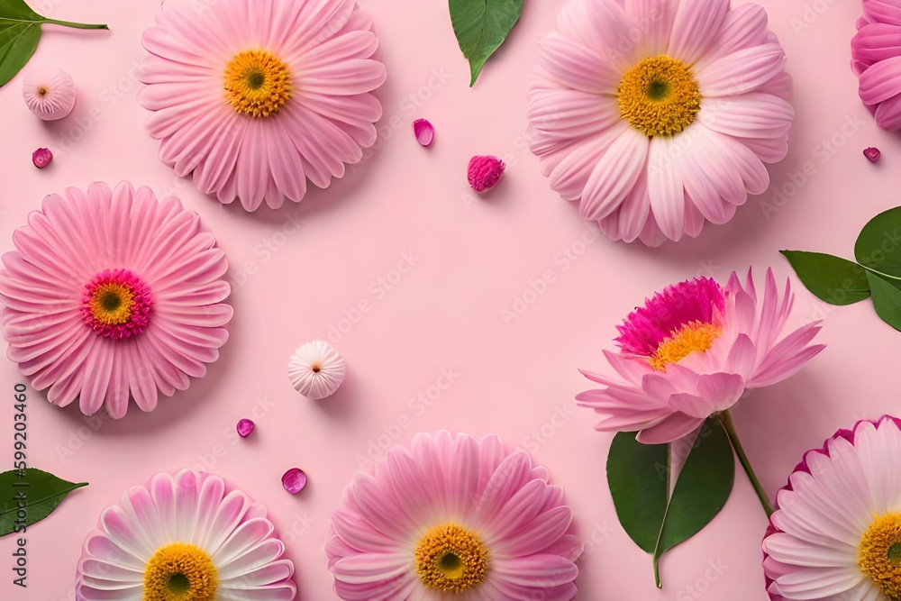 Top view image of  pink flowers composition over pastel background Generative Ai