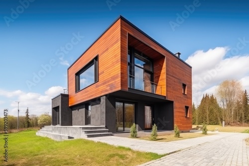 New built modern house against the blue sky. Generative ai. © Iryna