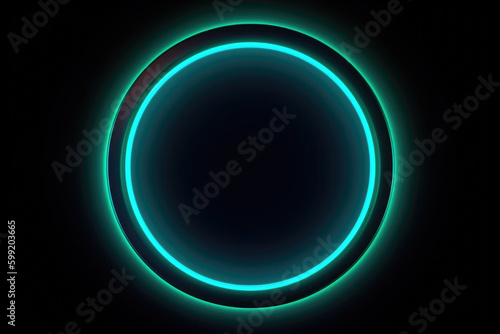 Neon frame. Blur glow. Portal hole. Defocused cyan green blue color gradient round circle with black copy space abstract illustration background