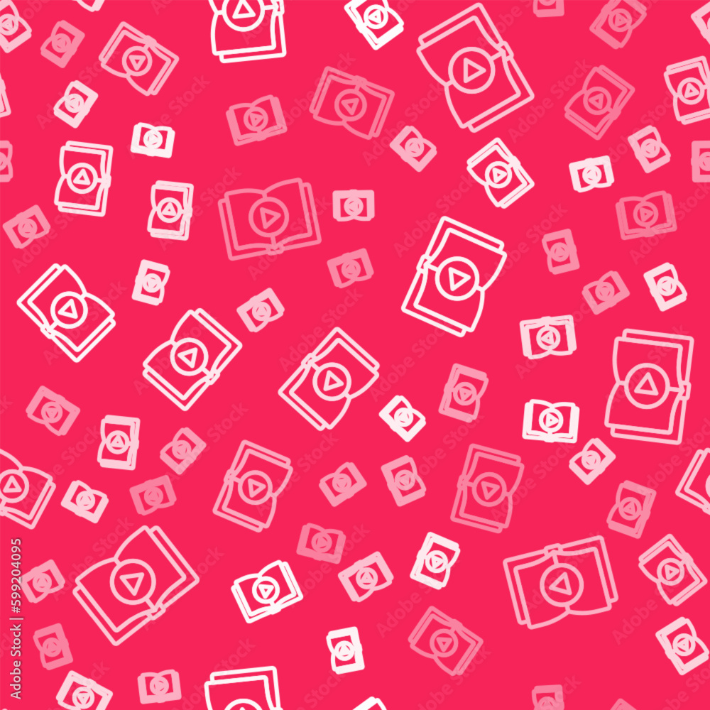 White line Audio book icon isolated seamless pattern on red background. Play button and book. Audio guide sign. Online learning concept. Vector White line Audio book icon isolated seamless pattern on red background. Play button and book. Audio guide sign. Online learning concept. Vector