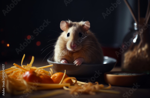 Cute little fluffy hamster sitting in a grey saucer. Grated cheese is in front of rodent. Close up. Dark backdrop. Generative AI.