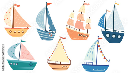 Ships and sailboats set. Isolated cartoon vintage wooden sail boat ship icon collection. Vector old nautical sailboat vessel and ocean travel concept