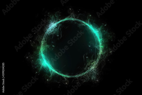 Mist circle. Round frame. Mystic vortex. Green blue color glowing sparkling glitter particles in smoke swirl on dark black abstract background
