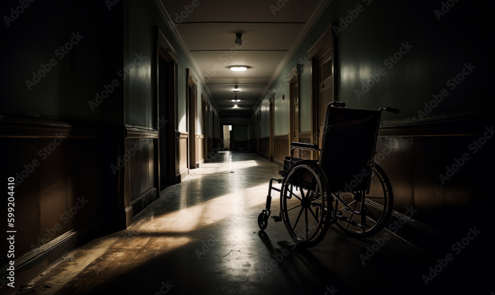 Old-style wheelchair in the hospital corridor. Abandoned building with forlorn rooms. Generative AI.