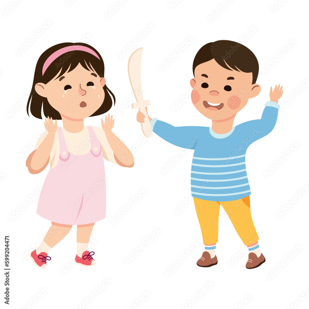 Offensive Boy Bullying and Abusing Crying Girl Agemate Vector Illustration Offensive Boy Bullying and Abusing Crying Girl Agemate Vector Illustration