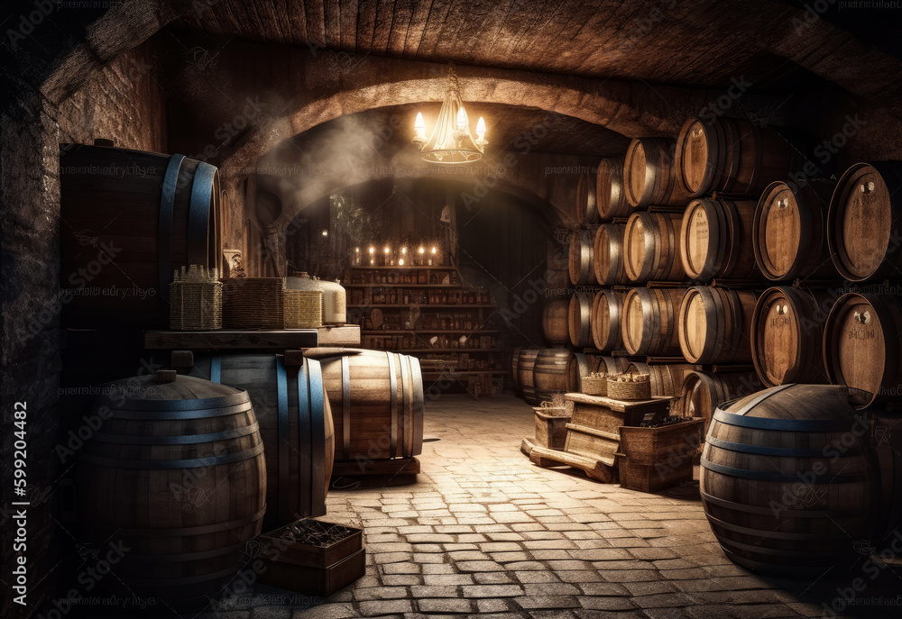 Vintage basement full of big wooden barrels. Stone cellar with whiskey vats. Generative AI.