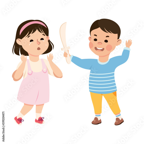 Offensive Boy Bullying and Abusing Crying Girl Agemate Vector Illustration