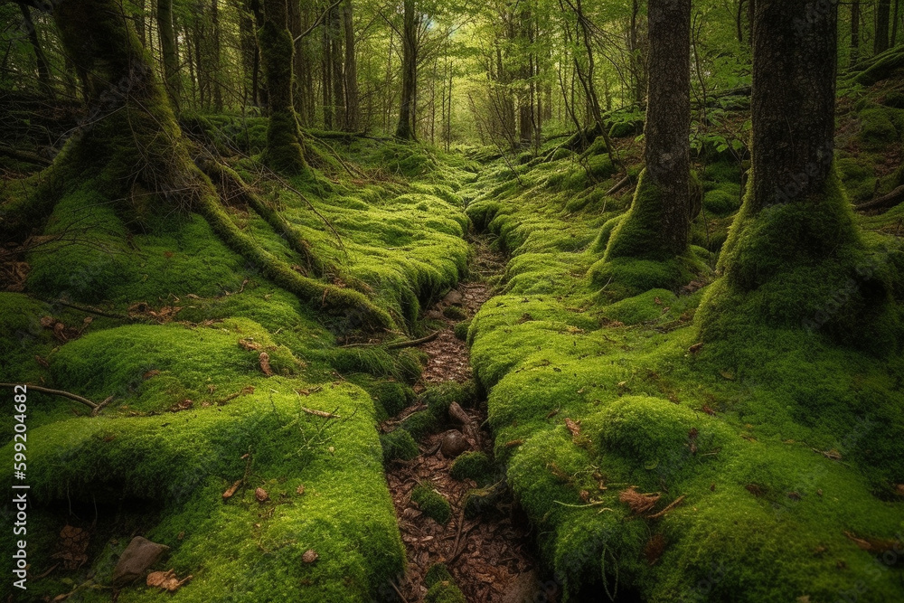 Lush Forest with Mossy Trees and Trail. Lush forest full of green moss and trees covered in moss, with a trail in the middle. Ai generated