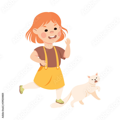 Offensive Girl Bullying and Abusing Cat Hurting Tail Vector Illustration