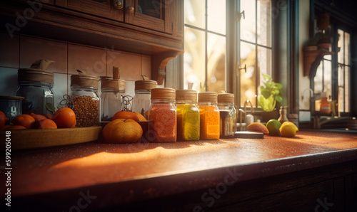 Jars of spices and some fresh fruit on the kitchen table. Cooking rustic food concept. Low angle view. Generative AI.