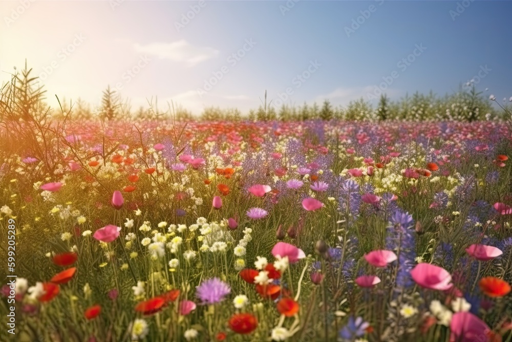 Vivid and bright flowers in a field with photorealistic landscapes in spring and summer. Help save the planet! Generative AI